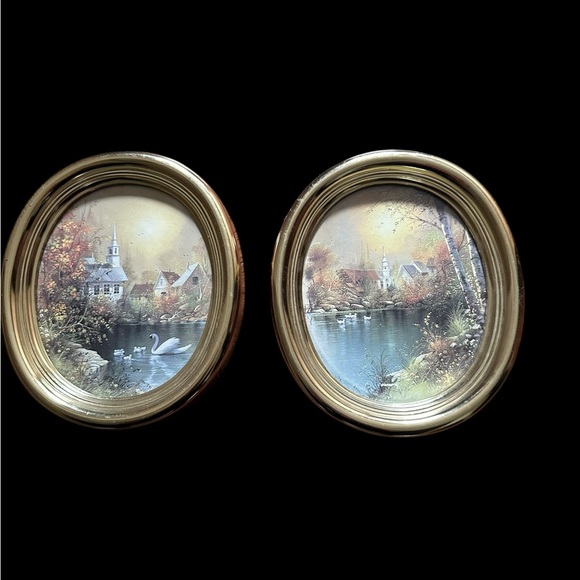 Homco Other - Vintage Homco Set of 2 Home Interior Gold Oval Frame, Swan Church Village